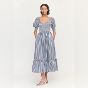 Hill House Nap Dress Louisa Blue White Striped Smocking 100% Cotton Sz Small